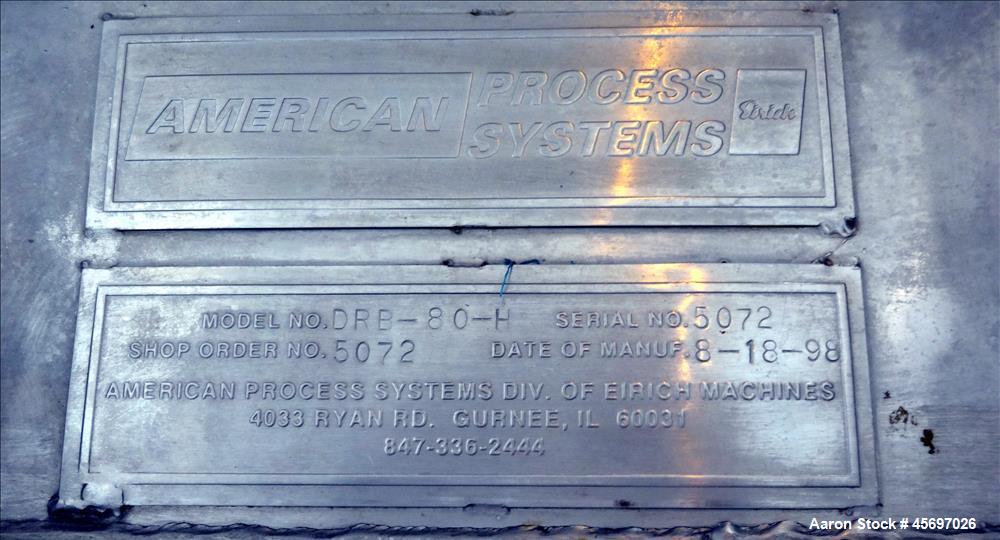 Used American Process System Model Double Spiral Ribbon Blender DRB-80-H, 80 Cubic Feet Working Capacity, 304 stainless steel. Dimple jacketed trough approximately 96" x long x 41" wide x 47" deep, r...
