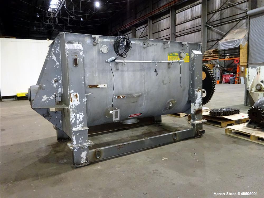 Used American Process System Double Spiral Ribbon Blender, Model DRB 100, 304 Stainless Steel, 100 Cubic Feet Working Capacity. Non-jacketed trough approximate 96" long x 45" wide x 54" deep. Inner r...