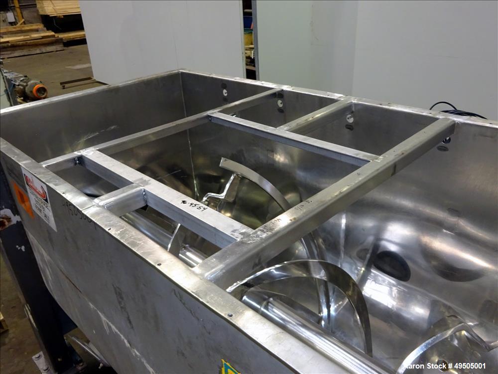 Used American Process System Double Spiral Ribbon Blender, Model DRB 100, 304 Stainless Steel, 100 Cubic Feet Working Capacity. Non-jacketed trough approximate 96" long x 45" wide x 54" deep. Inner r...