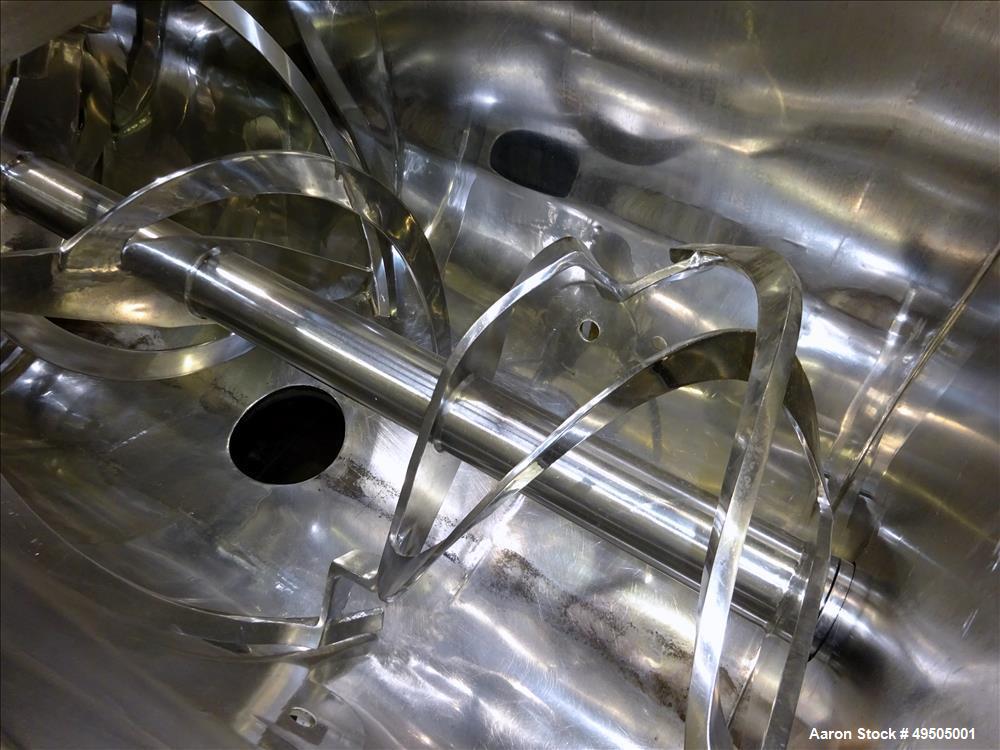 Used American Process System Double Spiral Ribbon Blender, Model DRB 100, 304 Stainless Steel, 100 Cubic Feet Working Capacity. Non-jacketed trough approximate 96" long x 45" wide x 54" deep. Inner r...