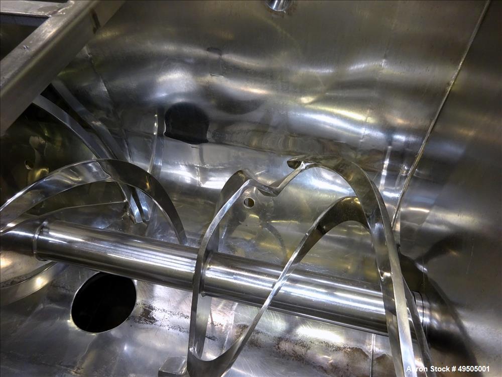 Used American Process System Double Spiral Ribbon Blender, Model DRB 100, 304 Stainless Steel, 100 Cubic Feet Working Capacity. Non-jacketed trough approximate 96" long x 45" wide x 54" deep. Inner r...