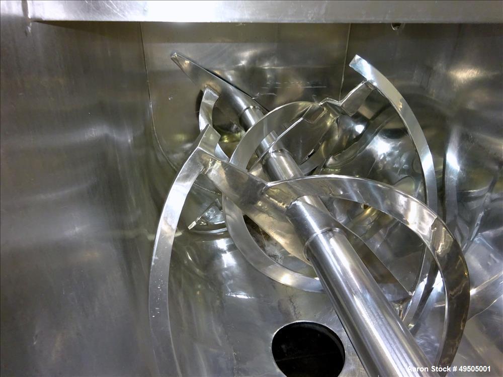 Used American Process System Double Spiral Ribbon Blender, Model DRB 100, 304 Stainless Steel, 100 Cubic Feet Working Capacity. Non-jacketed trough approximate 96" long x 45" wide x 54" deep. Inner r...