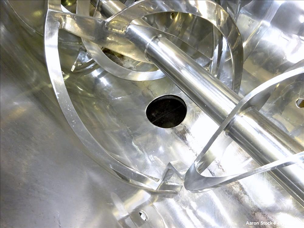 Used American Process System Double Spiral Ribbon Blender, Model DRB 100, 304 Stainless Steel, 100 Cubic Feet Working Capacity. Non-jacketed trough approximate 96" long x 45" wide x 54" deep. Inner r...