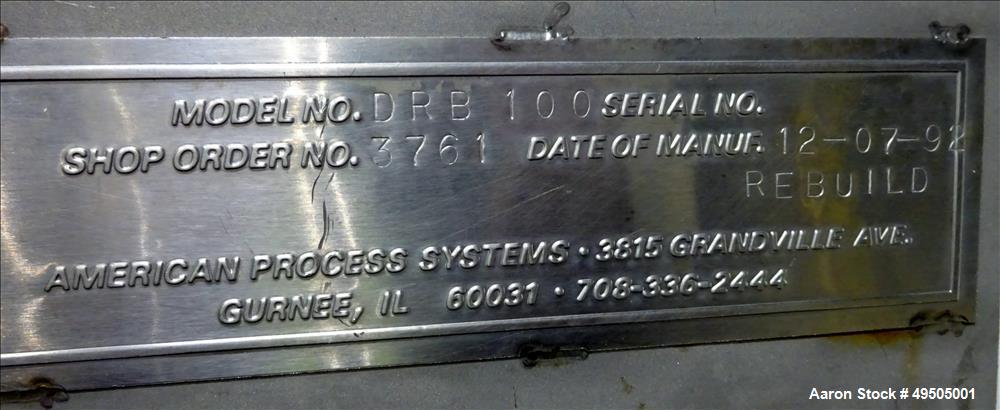 Used American Process System Double Spiral Ribbon Blender, Model DRB 100, 304 Stainless Steel, 100 Cubic Feet Working Capacity. Non-jacketed trough approximate 96" long x 45" wide x 54" deep. Inner r...