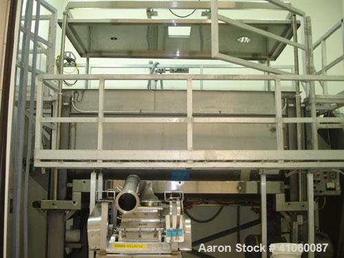 Used Areco Ribbon Blender, 125 cubic feet, stainless steel construction. 48" wide x 120" long trough, double ribbon, outboard roller bearings, air purge seals, jacketed trough, chain and sprocket dri...