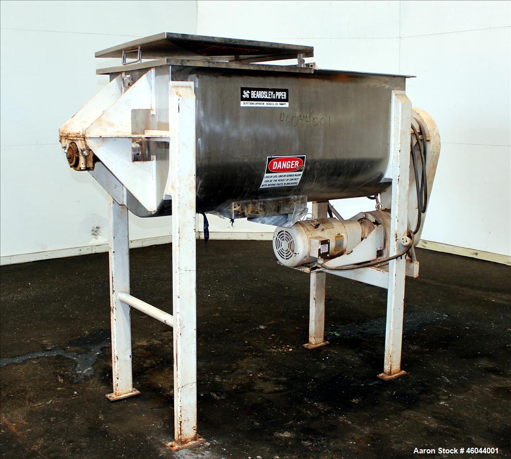 Used Beardsley & Piper Double Spiral Ribbon Blender, Model PRB-18-Sanitary, 18 Cubic Feet, 304 Stainless Steel. Non-jacketed trough 60" long x 24" wide x 28" deep. 2-1/2" Diameter shaft, inner ribbon...