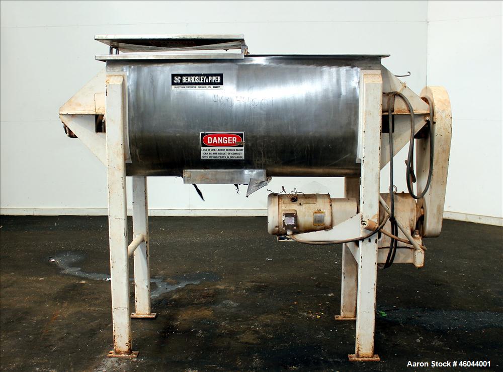 Used Beardsley & Piper Double Spiral Ribbon Blender, Model PRB-18-Sanitary, 18 Cubic Feet, 304 Stainless Steel. Non-jacketed trough 60" long x 24" wide x 28" deep. 2-1/2" Diameter shaft, inner ribbon...