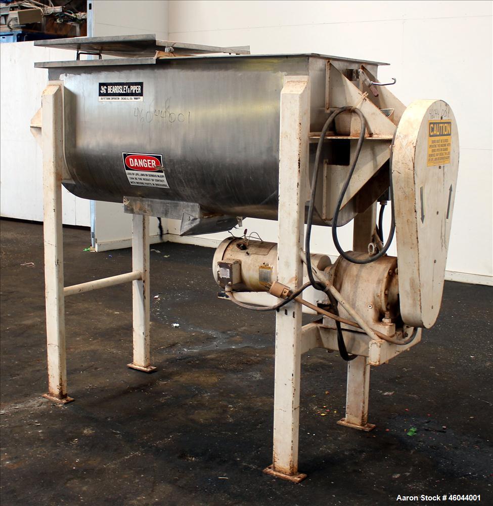 Used Beardsley & Piper Double Spiral Ribbon Blender, Model PRB-18-Sanitary, 18 Cubic Feet, 304 Stainless Steel. Non-jacketed trough 60" long x 24" wide x 28" deep. 2-1/2" Diameter shaft, inner ribbon...