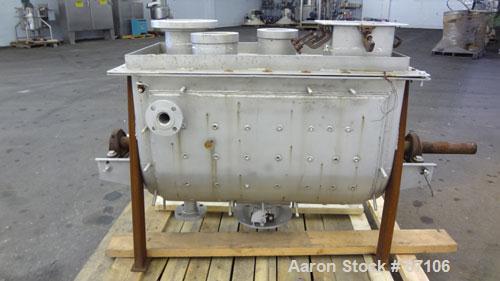 Used Bepex Double Spiral Ribbon Blender, Model IMHJS-5, 5 Cubic Feet Working Capacity, 304 Stainless Steel. 321 Stainless steel jacketed trough 18" wide x 39-5/8" long x approximately 23" deep, rated...