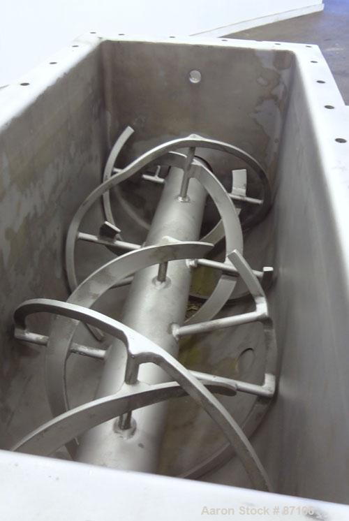 Used Bepex Double Spiral Ribbon Blender, Model IMHJS-5, 5 Cubic Feet Working Capacity, 304 Stainless Steel. 321 Stainless steel jacketed trough 18" wide x 39-5/8" long x approximately 23" deep, rated...