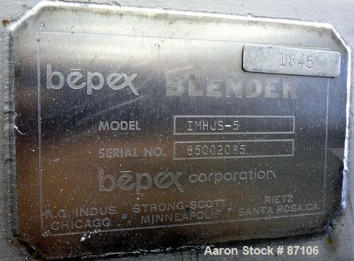 Used Bepex Double Spiral Ribbon Blender, Model IMHJS-5, 5 Cubic Feet Working Capacity, 304 Stainless Steel. 321 Stainless steel jacketed trough 18" wide x 39-5/8" long x approximately 23" deep, rated...