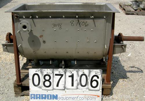 Used Bepex Double Spiral Ribbon Blender, Model IMHJS-5, 5 Cubic Feet Working Capacity, 304 Stainless Steel. 321 Stainless steel jacketed trough 18" wide x 39-5/8" long x approximately 23" deep, rated...