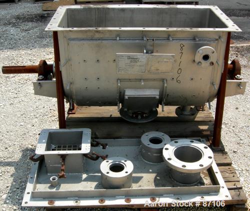 Used Bepex Double Spiral Ribbon Blender, Model IMHJS-5, 5 Cubic Feet Working Capacity, 304 Stainless Steel. 321 Stainless steel jacketed trough 18" wide x 39-5/8" long x approximately 23" deep, rated...