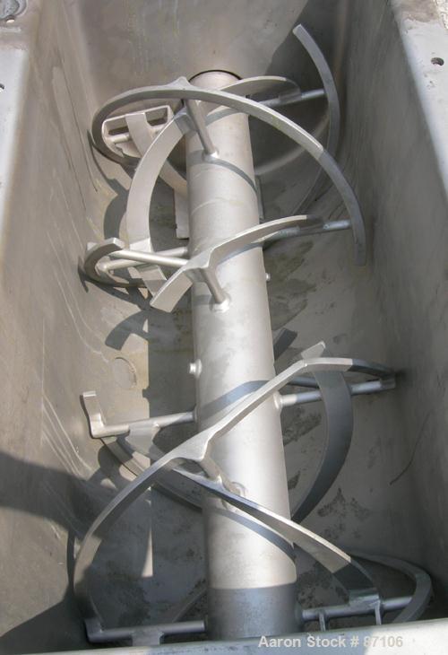 Used Bepex Double Spiral Ribbon Blender, Model IMHJS-5, 5 Cubic Feet Working Capacity, 304 Stainless Steel. 321 Stainless steel jacketed trough 18" wide x 39-5/8" long x approximately 23" deep, rated...