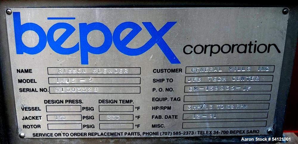 Industrial Stainless Steel Ribbon Blender – Bepex IMJS-5, Jacketed, Used