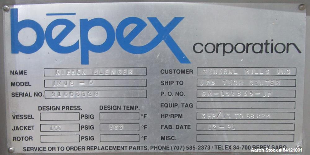 Industrial Stainless Steel Ribbon Blender – Bepex IMJS-5, Jacketed, Used