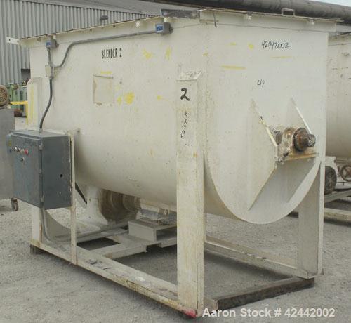 Used Champion Line Machinery Double Spiral Ribbon Blender, 113 cubic feet working capacity, carbon steel. Non-jacketed trough 48" wide x 96" long x approximately 56" deep. 6" diameter shaft, inner ri...