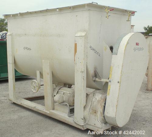 Used Champion Line Machinery Double Spiral Ribbon Blender, 113 cubic feet working capacity, carbon steel. Non-jacketed trough 48" wide x 96" long x approximately 56" deep. 6" diameter shaft, inner ri...