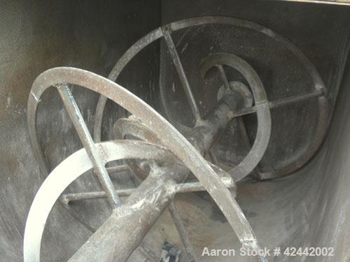 Used Champion Line Machinery Double Spiral Ribbon Blender, 113 cubic feet working capacity, carbon steel. Non-jacketed trough 48" wide x 96" long x approximately 56" deep. 6" diameter shaft, inner ri...