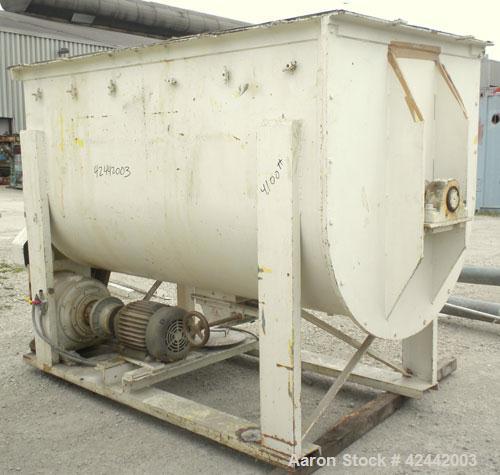 Used Champion Line Machinery Double Spiral Ribbon Blender, 113 cubic feet working capacity, carbon steel. Non-Jacketed trough 48" wide x 96" long x approximately 53" deep. 6" diameter shaft, inner ri...
