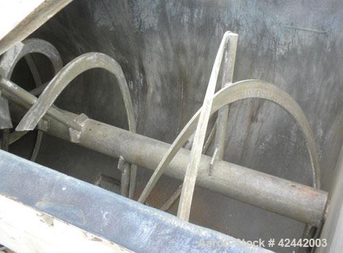 Used Champion Line Machinery Double Spiral Ribbon Blender, 113 cubic feet working capacity, carbon steel. Non-Jacketed trough 48" wide x 96" long x approximately 53" deep. 6" diameter shaft, inner ri...