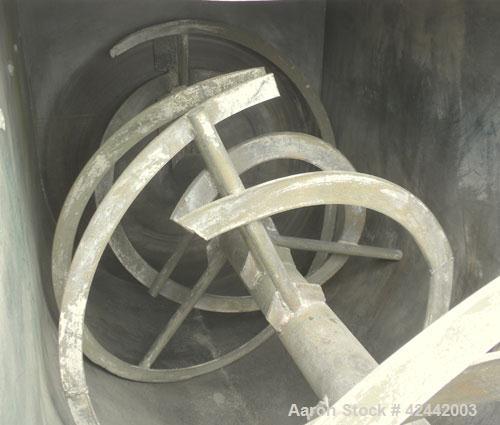 Used Champion Line Machinery Double Spiral Ribbon Blender, 113 cubic feet working capacity, carbon steel. Non-Jacketed trough 48" wide x 96" long x approximately 53" deep. 6" diameter shaft, inner ri...