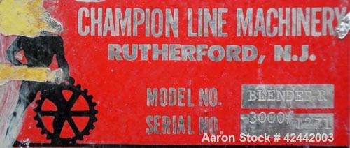 Used Champion Line Machinery Double Spiral Ribbon Blender, 113 cubic feet working capacity, carbon steel. Non-Jacketed trough 48" wide x 96" long x approximately 53" deep. 6" diameter shaft, inner ri...