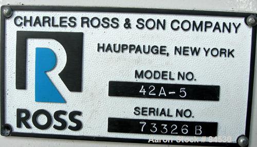 USED: Ross double spiral ribbon blender, model 42A5, 5 cubic feet working capacity, 7 total, 304 stainless steel. Non-jacketed trough 17" wide x 38" long x approx 20" deep. 2" diameter shaft, inner r...