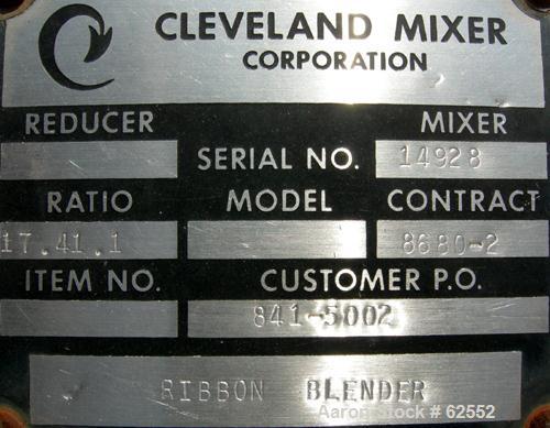 USED: Cleveland ribbon blender, 180 cu ft, carbon steel. 54" wide x 120" long x 59" deep. Outer ribbon 1/2" x 2-3/8", inner 1/2" x 2-3/8", 12" dia shaft, outboard bearings, packing glands with air se...