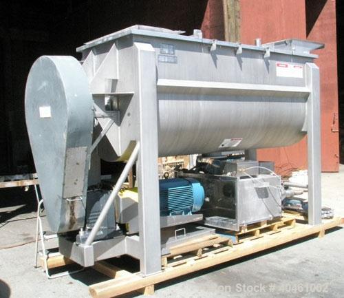 Used American Process double spiral ribbon blender, model DRB-120, 120 cubic foot working capacity, stainless steel. Non-jacketed trough 48" wide x 120" long x approximately 52" deep. 6" diameter sha...