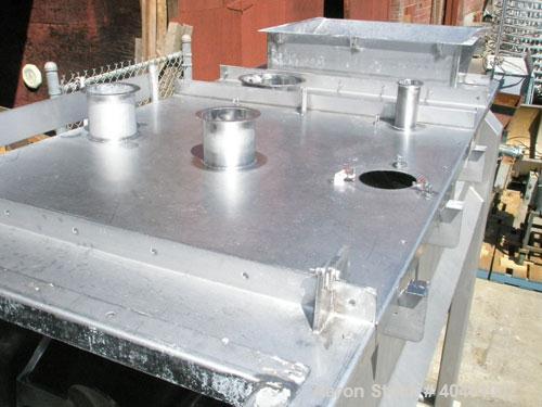 Used American Process double spiral ribbon blender, model DRB-120, 120 cubic foot working capacity, stainless steel. Non-jacketed trough 48" wide x 120" long x approximately 52" deep. 6" diameter sha...