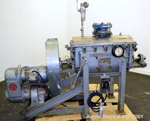 Used Falcon Manufacturing Double Spiral Ribbon Blender, Model 500AA, 2 Cubic Feet Working Capacity, 316 Stainless Steel. Carbon steel jacketed trough 11-1/2” wide x 29-1/2” long x approximately 15” d...