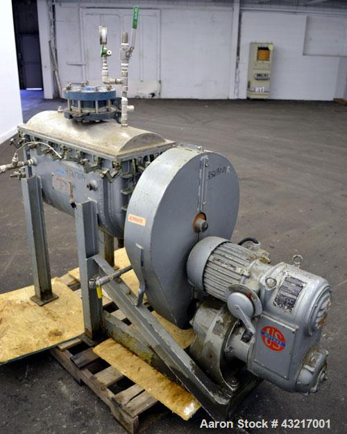 Used Falcon Manufacturing Double Spiral Ribbon Blender, Model 500AA, 2 Cubic Feet Working Capacity, 316 Stainless Steel. Carbon steel jacketed trough 11-1/2” wide x 29-1/2” long x approximately 15” d...