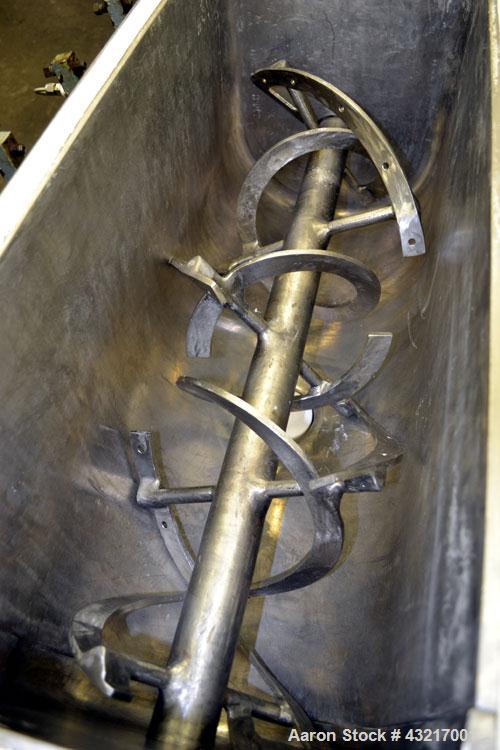 Used Falcon Manufacturing Double Spiral Ribbon Blender, Model 500AA, 2 Cubic Feet Working Capacity, 316 Stainless Steel. Carbon steel jacketed trough 11-1/2” wide x 29-1/2” long x approximately 15” d...