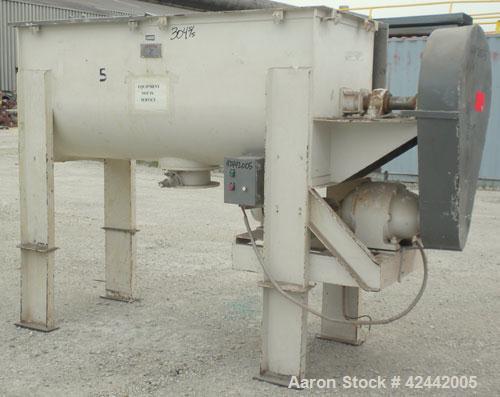 Used Falcon Manufacturing Double Spiral Ribbon Blender, model 504, 42 cubic feet working capacity, 304 stainless steel. Non-Jacketed trough 31-1/2" wide x 84" long x approximately 34" deep. 4" Diamet...