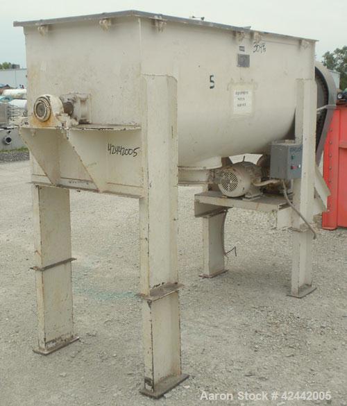 Used Falcon Manufacturing Double Spiral Ribbon Blender, model 504, 42 cubic feet working capacity, 304 stainless steel. Non-Jacketed trough 31-1/2" wide x 84" long x approximately 34" deep. 4" Diamet...
