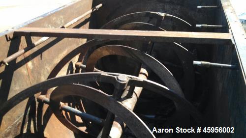 Used Hays & Stolz Ribbon Mixer, Model HR196-1096; Carbon Steel; Tub 67" deep x 60" wide x 120" long. (3) unloading holes 12" x 15". 50HP. 1765RPM, Foote-Jones gear reduction unit. Max weight 9KLB. In...