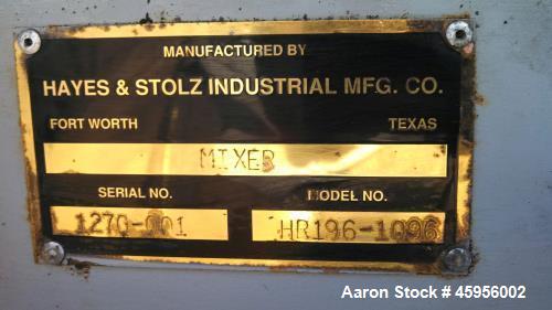 Used Hays & Stolz Ribbon Mixer, Model HR196-1096; Carbon Steel; Tub 67" deep x 60" wide x 120" long. (3) unloading holes 12" x 15". 50HP. 1765RPM, Foote-Jones gear reduction unit. Max weight 9KLB. In...