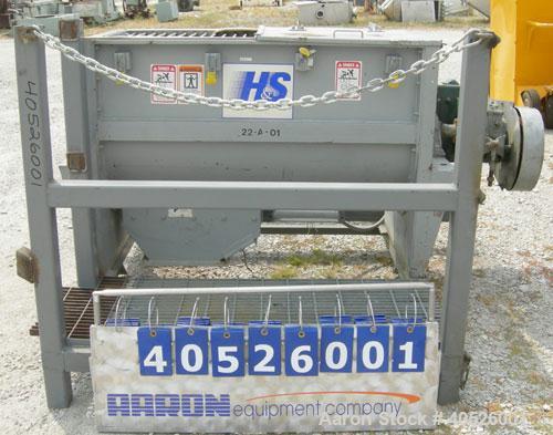 Used Hayes & Stolz Double Spiral Ribbon Blender, 15 cubic feet working capacity, model HR15SS-1193, 304 stainless steel. Non-jacketed trough 26" wide x 50" long x approximately 28" deep. 3 1/2" diame...