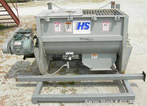 Used Hayes & Stolz Double Spiral Ribbon Blender, 15 cubic feet working capacity, model HR15SS-1193, 304 stainless steel. Non-jacketed trough 26" wide x 50" long x approximately 28" deep. 3 1/2" diame...