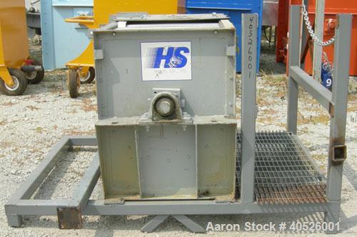 Used Hayes & Stolz Double Spiral Ribbon Blender, 15 cubic feet working capacity, model HR15SS-1193, 304 stainless steel. Non-jacketed trough 26" wide x 50" long x approximately 28" deep. 3 1/2" diame...