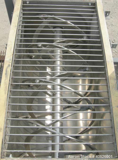 Used Hayes & Stolz Double Spiral Ribbon Blender, 15 cubic feet working capacity, model HR15SS-1193, 304 stainless steel. Non-jacketed trough 26" wide x 50" long x approximately 28" deep. 3 1/2" diame...