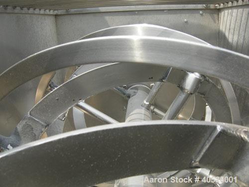 Used Hayes & Stolz Double Spiral Ribbon Blender, 15 cubic feet working capacity, model HR15SS-1193, 304 stainless steel. Non-jacketed trough 26" wide x 50" long x approximately 28" deep. 3 1/2" diame...