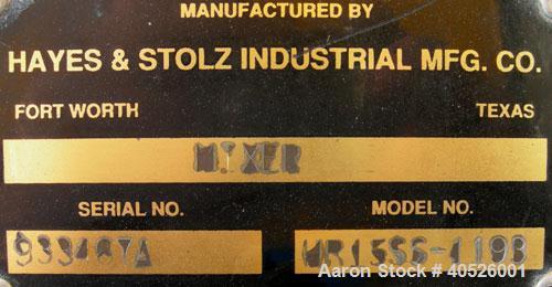 Used Hayes & Stolz Double Spiral Ribbon Blender, 15 cubic feet working capacity, model HR15SS-1193, 304 stainless steel. Non-jacketed trough 26" wide x 50" long x approximately 28" deep. 3 1/2" diame...