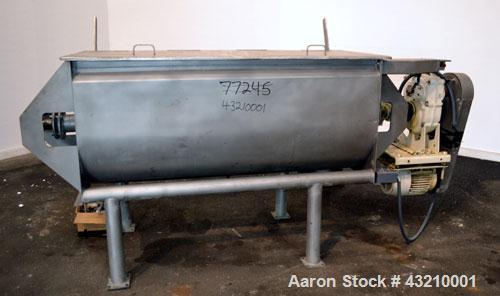 Used Hayes & Stolz Double Spiral Ribbon Blender, 20 Cubic Feet Working Capacity, Model HR20USS, 304 Stainless Steel. Non-jacketed trough 26" wide x 69" long x approximately 28" deep. 3-1/2" Diameter ...
