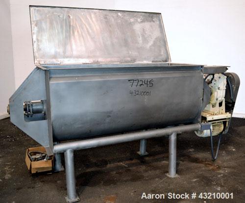 Used Hayes & Stolz Double Spiral Ribbon Blender, 20 Cubic Feet Working Capacity, Model HR20USS, 304 Stainless Steel. Non-jacketed trough 26" wide x 69" long x approximately 28" deep. 3-1/2" Diameter ...