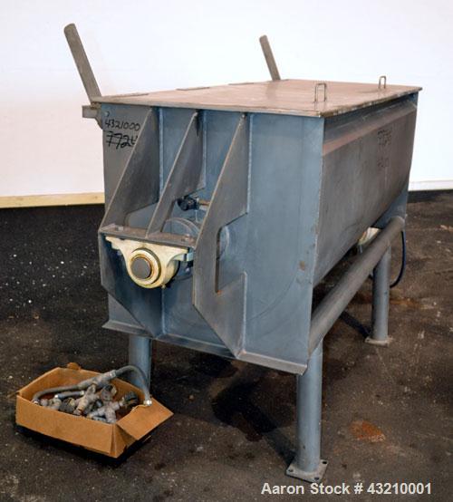 Used Hayes & Stolz Double Spiral Ribbon Blender, 20 Cubic Feet Working Capacity, Model HR20USS, 304 Stainless Steel. Non-jacketed trough 26" wide x 69" long x approximately 28" deep. 3-1/2" Diameter ...