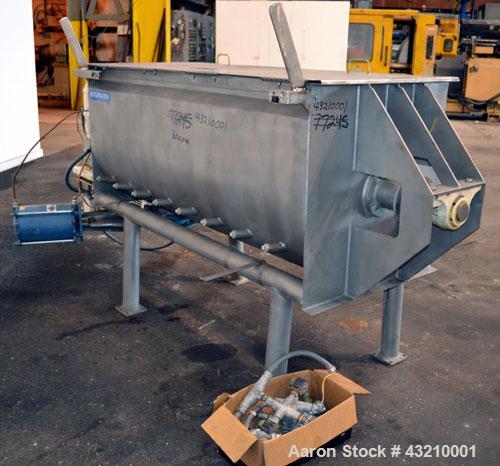 Used Hayes & Stolz Double Spiral Ribbon Blender, 20 Cubic Feet Working Capacity, Model HR20USS, 304 Stainless Steel. Non-jacketed trough 26" wide x 69" long x approximately 28" deep. 3-1/2" Diameter ...