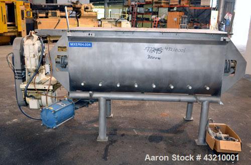 Used Hayes & Stolz Double Spiral Ribbon Blender, 20 Cubic Feet Working Capacity, Model HR20USS, 304 Stainless Steel. Non-jacketed trough 26" wide x 69" long x approximately 28" deep. 3-1/2" Diameter ...