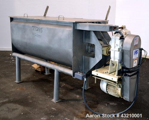 Used Hayes & Stolz Double Spiral Ribbon Blender, 20 Cubic Feet Working Capacity, Model HR20USS, 304 Stainless Steel. Non-jacketed trough 26" wide x 69" long x approximately 28" deep. 3-1/2" Diameter ...